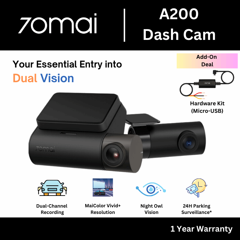 70mai Dash Cam A200 1080P Full HD Resolution + HDR | Dual Channel | APPs Control