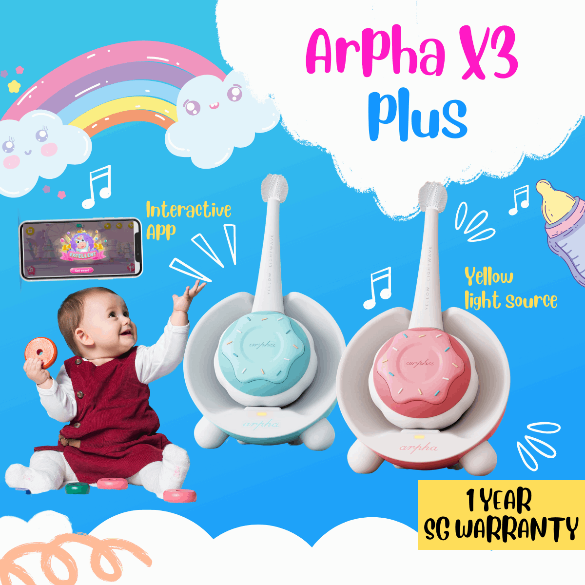 Arpha X3 Plus Baby & Kids Anti-Cavity Soft Bristle Smart Electric Toothbrush Rechargeable Battery | 0.8 to 8 Years Old