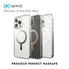 Speck Presidio Perfect Clear/Glitter Gold/Silver Magsafe iPhone 14 Pro/Pro Max | Protective Slim Phone Case