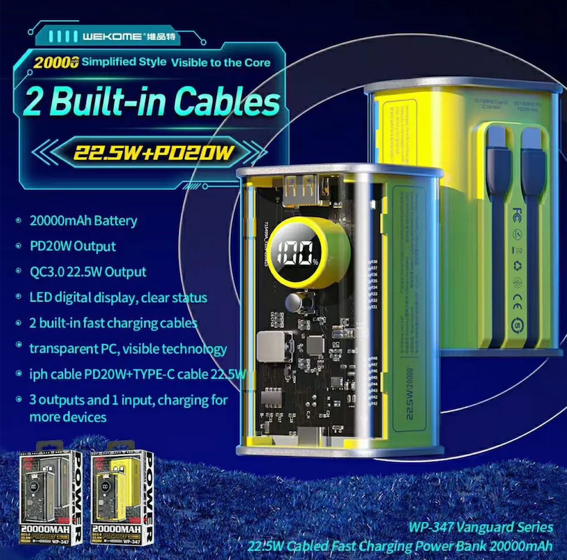 Wekome VANGUARD 22.5W Cyberpunk Transparent Super Fast 2-in-1 Built in Cable 10000mah/20000mAh Power Bank (WP-345/WP-347)