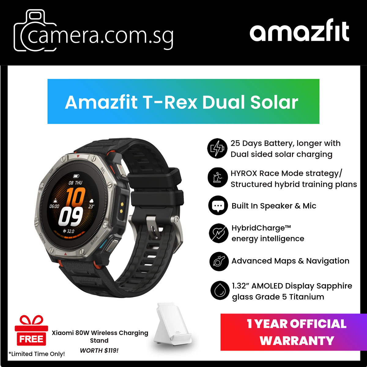 Amazfit T-Rex Dual Solar Fitness Smartwatch