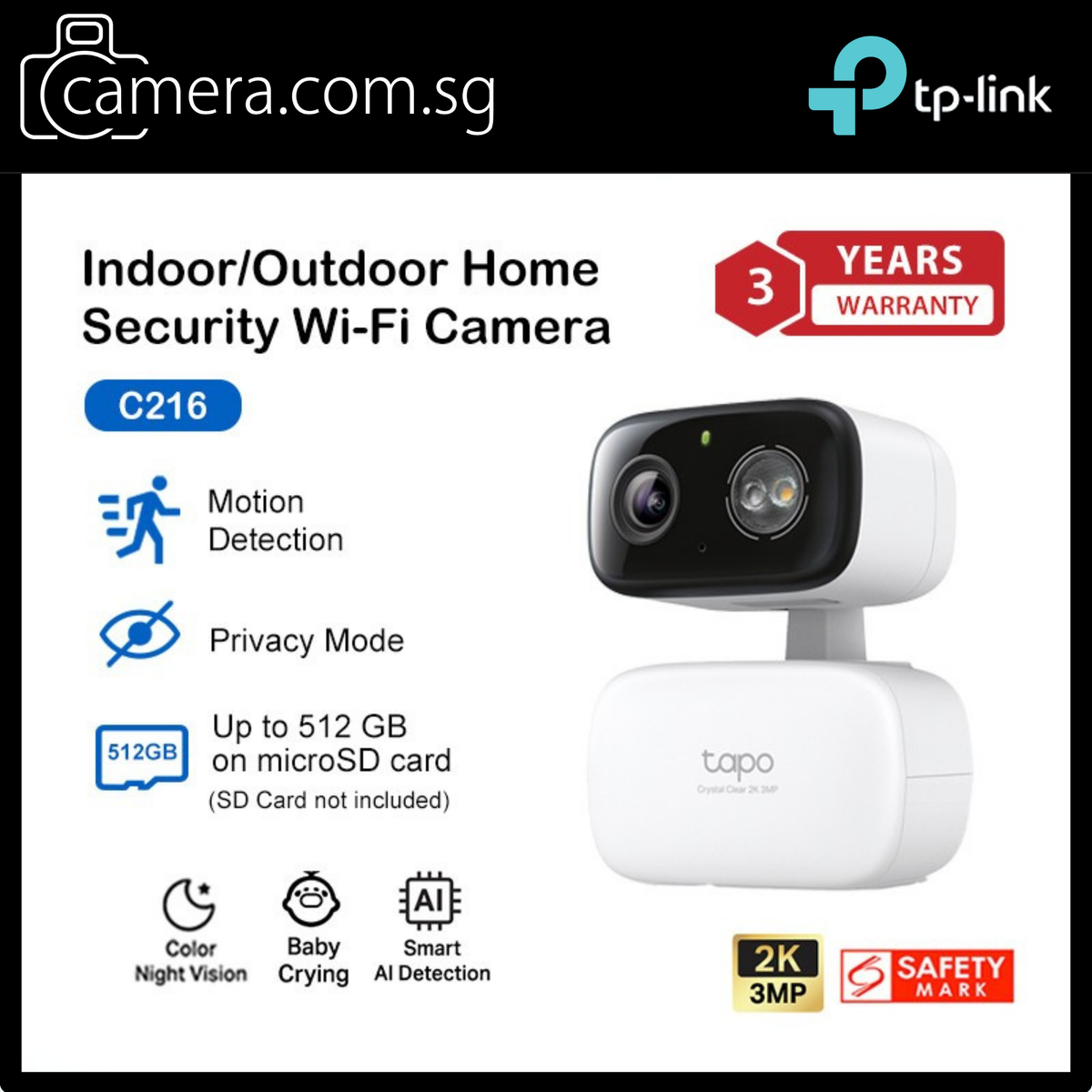 TP-Link AI Motion Tracking Full Color Night Vision 2-Way Audio Outdoor Indoor CCTV WiFi Camera Tapo C216