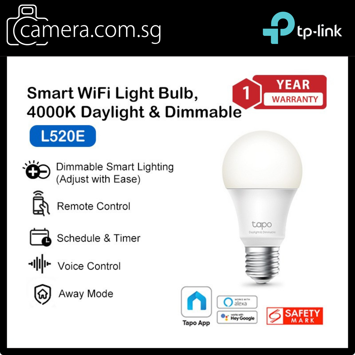 TP-Link Tapo L520E Smart WiFi Light Bulb | E27 | Dimmable Warm White | Voice Control | Remote via App