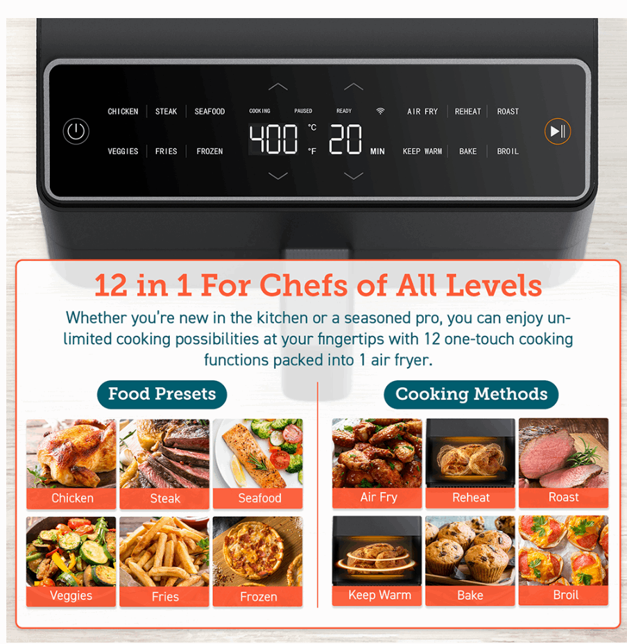 Cosori Dual Blaze Smart Air Fryer 12 in 1 One-touch Presets App Control Even Cooking (6.4L)