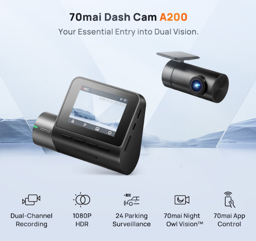 70mai Dash Cam A200 1080P Full HD Resolution + HDR | Dual Channel | APPs Control