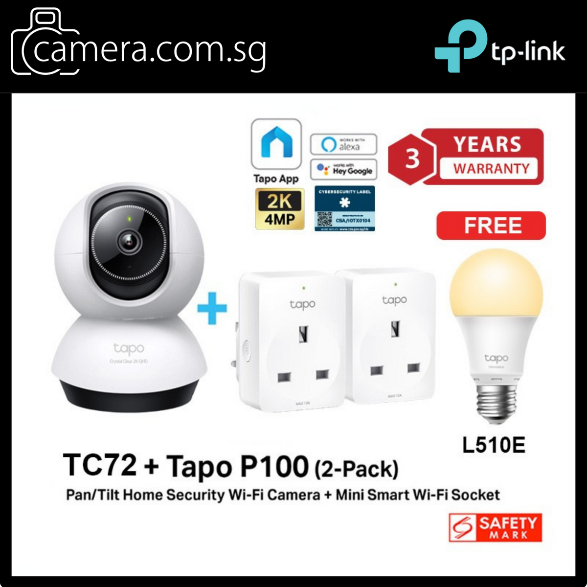 [BUNDLE] Tapo 3K QHD 360 AI WiFi CCTV Smart IP Camera TP-Link TC72+ P100(2 Packs) [FREE GIFT: L510E]