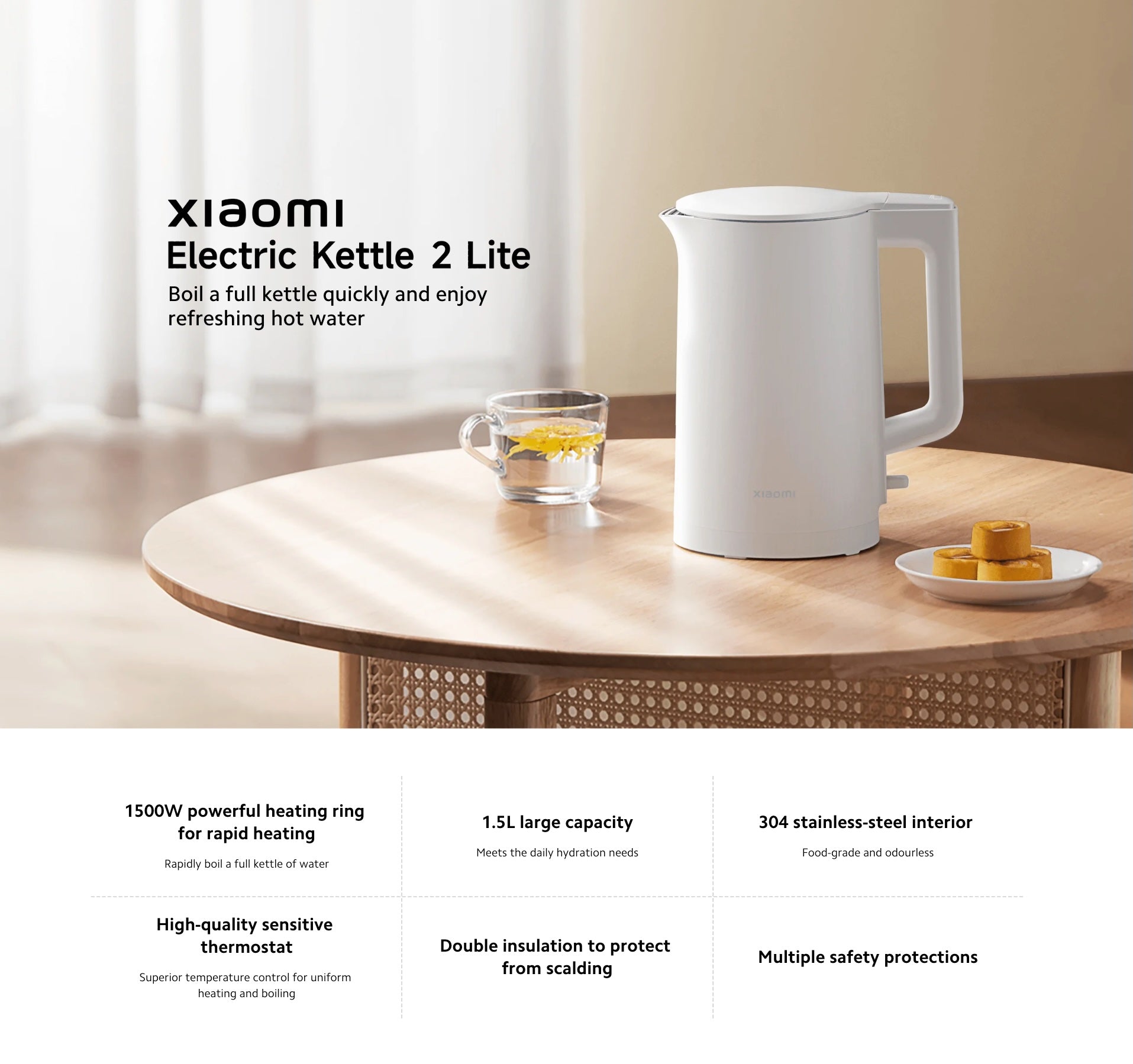 Xiaomi Electric Kettle 2 Lite | 1.5 Litres Capacity | 1500W Rapid Heating | 304 Stainless Steel (1Yr)