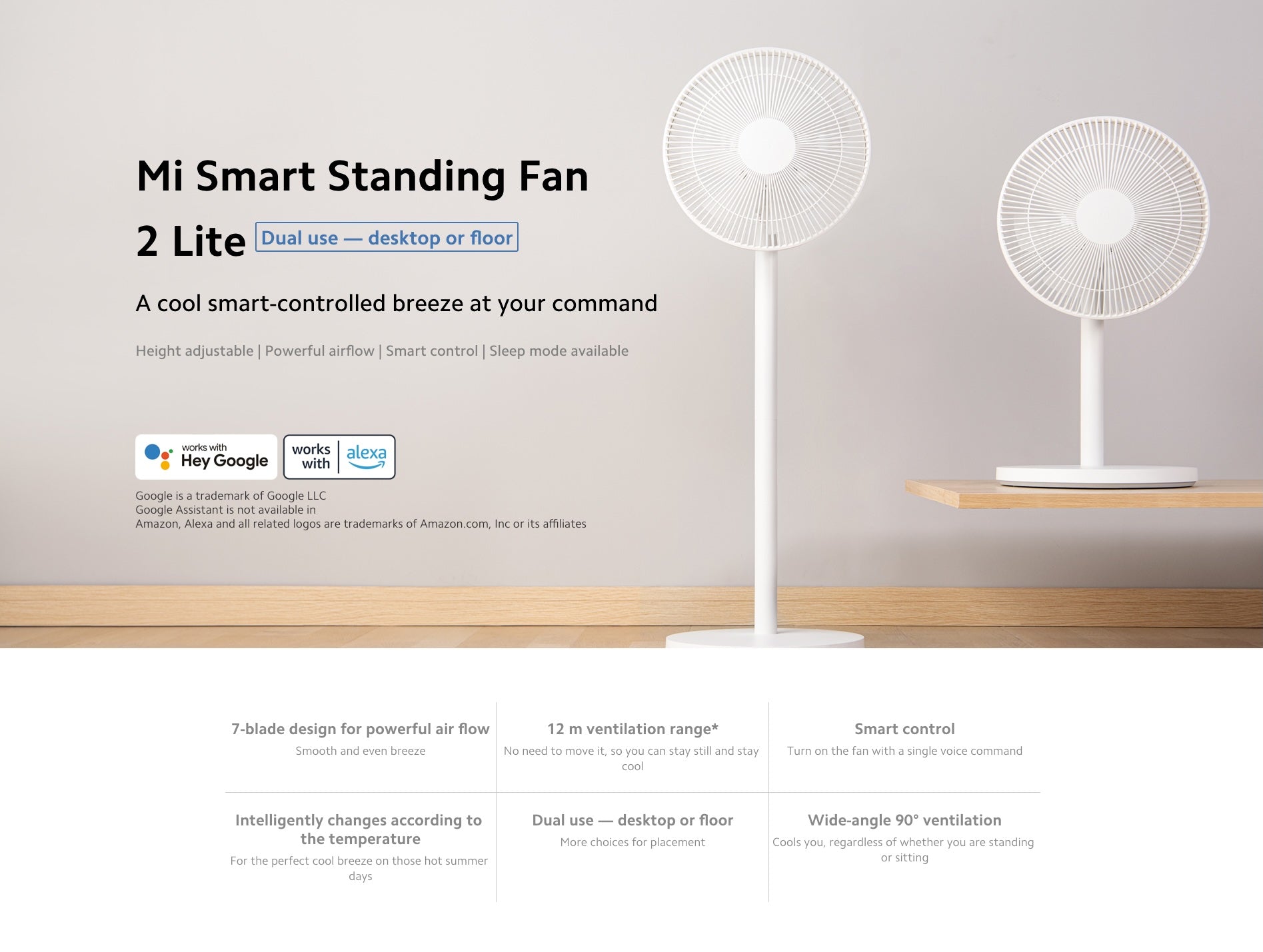 Xiaomi Smart Standing Fan 2 Lite | 3 Fan Speed | Mi Home App Control | 90° Range | Google Alexa Compatible