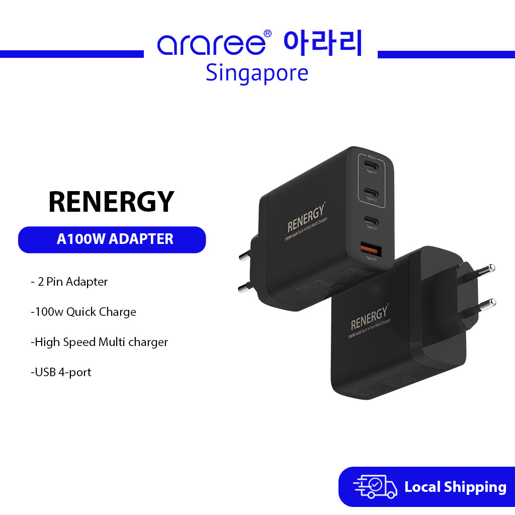 [Araree SG] RENERGY A100W Power Adapter High Speed Multi Quick Charger 4 Port USB Supports Multiple Devices