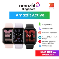 [Official SG] Amazfit Active Smartwatch | AMOLED Display Bluetooth Phone Calls Music Storage Zepp Coach Route Navigation